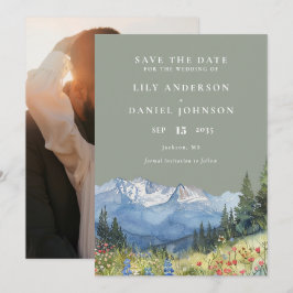 Sage Green Waterverf Mountain Foto bruiloft Save The Date