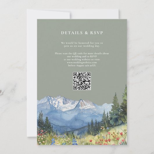 Sage Green Waterverf Mountain QR Code Huwelijk Kaart (Achterkant)