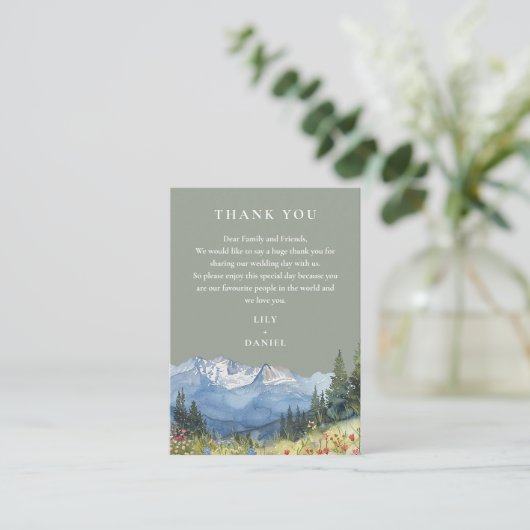 Sage Green Waterverf Mountain Wedding Bedankt Plaatskaartje (Staand voorkant)