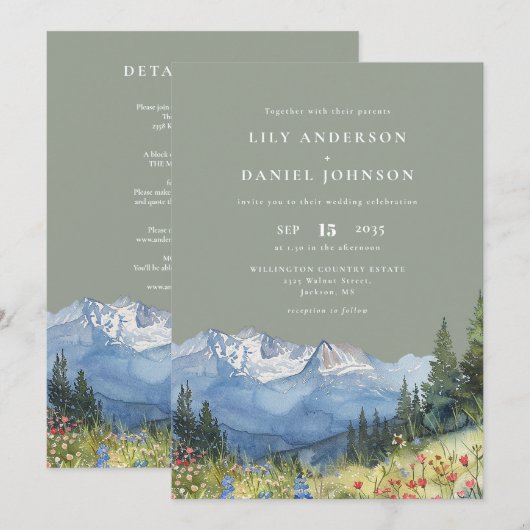Sage Green Waterverf Mountain Wildflower Wedding Kaart (Voorkant / Achterkant)