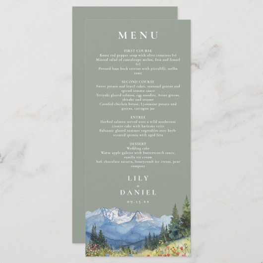 Sage Green Waterverf Mountain Wildflower Wedding Menu (Voorkant / Achterkant)