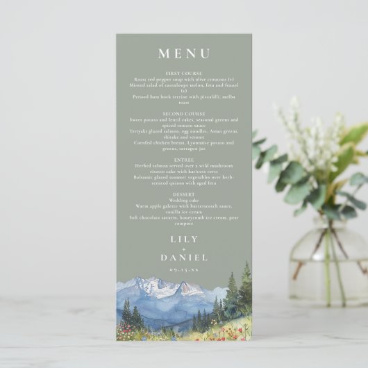 Sage Green Waterverf Mountain Wildflower Wedding Menu (Staand voorkant)