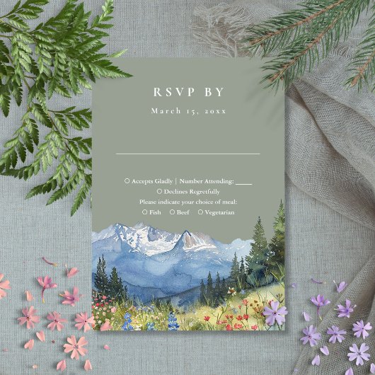 Sage Green Waterverf Mountain Wildflower Wedding RSVP Kaartje