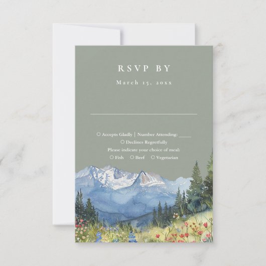 Sage Green Waterverf Mountain Wildflower Wedding RSVP Kaartje (Voorkant)