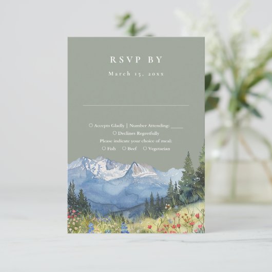 Sage Green Waterverf Mountain Wildflower Wedding RSVP Kaartje (Staand voorkant)