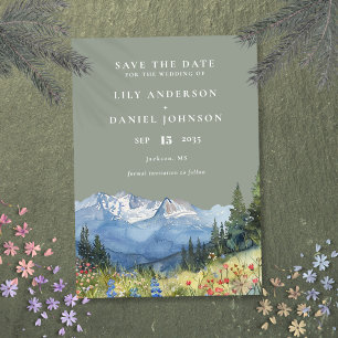 Sage Green Waterverf Mountain Wildflower Wedding Save The Date