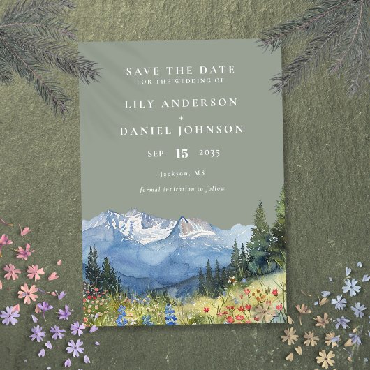 Sage Green Waterverf Mountain Wildflower Wedding Save The Date
