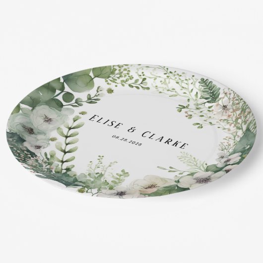 Sage Green Waterverf Peony Wedding Papieren Bordje (Gekanteld)