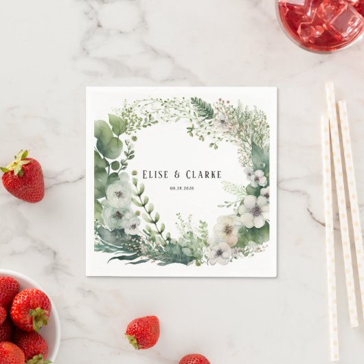 Sage Green Waterverf Peony Wedding Servet (Insitu)