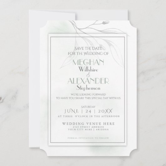 Sage Green Waterverf Pewter Willow Branch Save The Date (Voorkant)