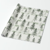 Sage Green Waterverf Pine Trees & Plaid Christmas Cadeaupapier (Uitgerold)