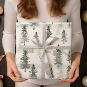 Sage Green Waterverf Pine Trees & Plaid Christmas Cadeaupapier