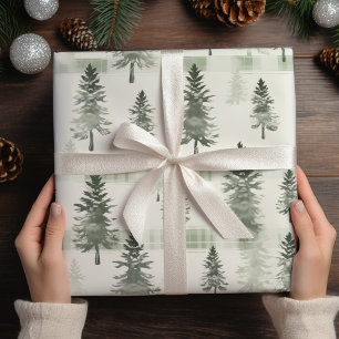 Sage Green Waterverf Pine Trees & Plaid Christmas Cadeaupapier