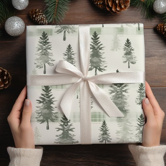 Sage Green Waterverf Pine Trees & Plaid Christmas Cadeaupapier