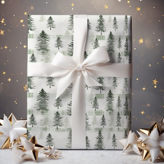 Sage Green Waterverf Pine Trees Wrapping Paper | Cadeaupapier