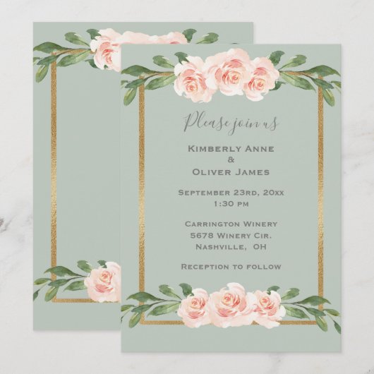 Sage Green Waterverf Romantic Floral Wedding Kaart (Voorkant / Achterkant)