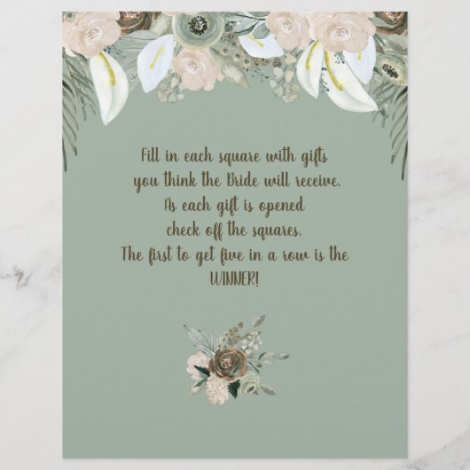 Sage Green Waterverf Vrijgezellenfeest Bingo Flyer (Achterkant)