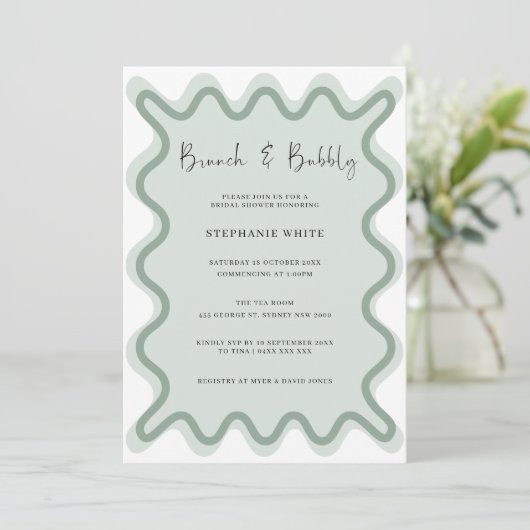 Sage Green Wavy Border Brunch en Bubble Kaart (Staand voorkant)