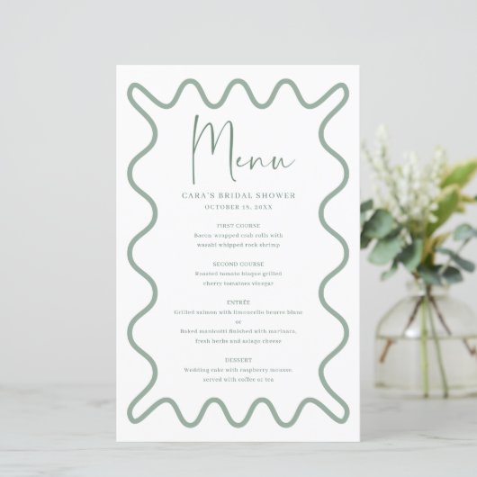 Sage Green Wavy Border menukaart met naam (Staand voorkant)