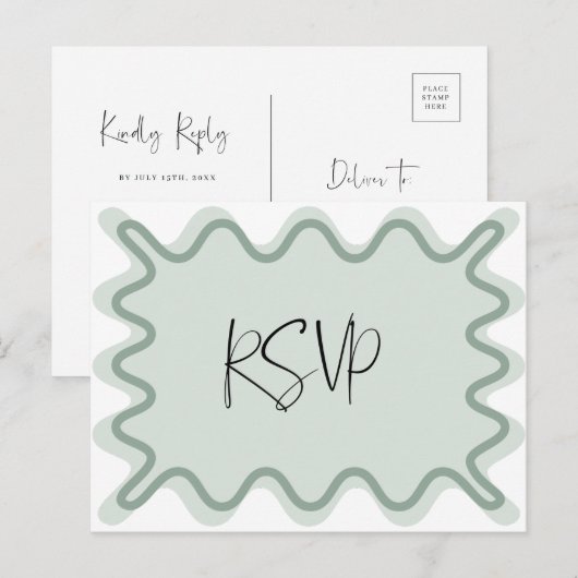 Sage Green Wavy Border RSVP-Briefkaart Briefkaart (Voorkant / Achterkant)