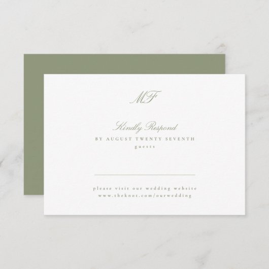Sage Green Website Traditioneel Monogram Klassiek RSVP Kaartje (Voorkant / Achterkant)