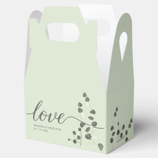 Sage green Weddenschap Love Script Eucalyptus Cust Bedankdoosjes (Geopend)