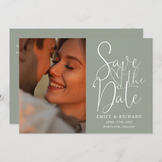 Sage Green Wedding 2 Foto QR Code Elegant Script Save The Date (Voorkant / Achterkant)