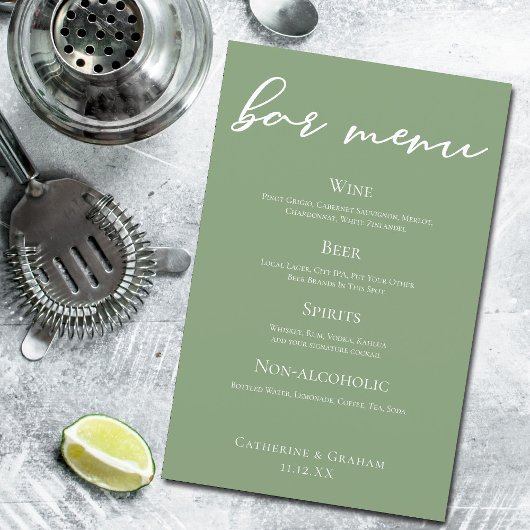 Sage Green Wedding Bar Menu met Witte Typografie