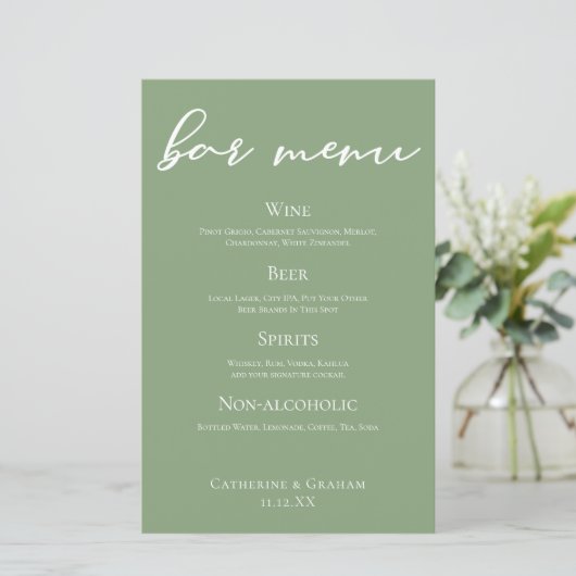 Sage Green Wedding Bar Menu met Witte Typografie (Staand voorkant)