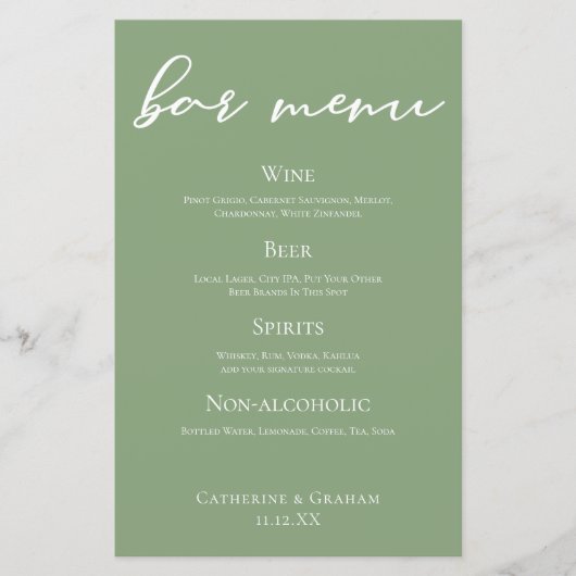 Sage Green Wedding Bar Menu met Witte Typografie (Voorkant)