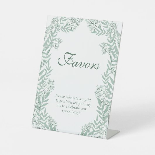 Sage Green Wedding Botanische Favors Reclamebord Met Voetstuk (Voorkant)