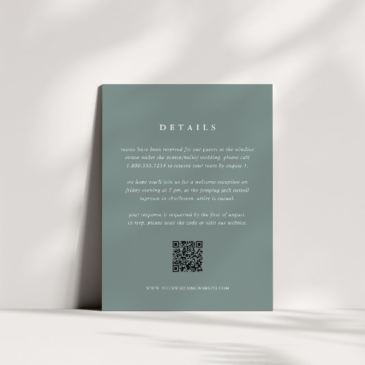 Sage Green Wedding Details Card with QR Code Informatiekaartje