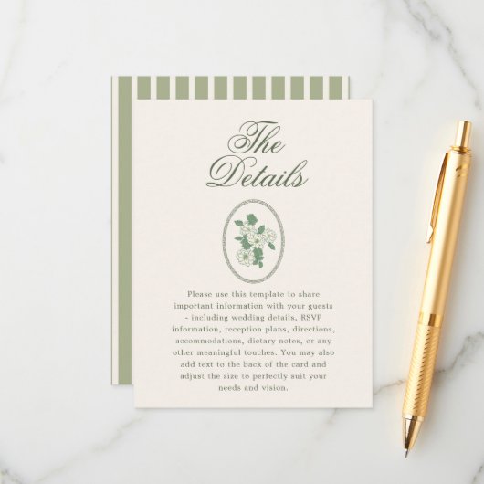 Sage Green Wedding Details Informatiekaartje (Voorkant / Achterkant in situ)