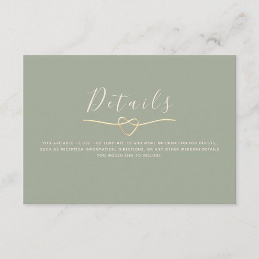 Sage Green Wedding Details Kaart met Hart (Voorkant)