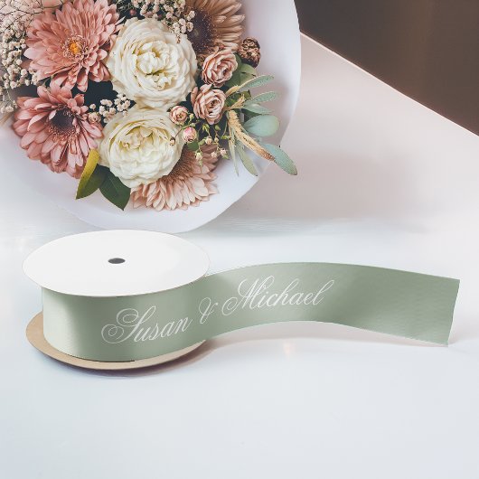 Sage Green Wedding Elegant Script Calligraphy Satijnen Lint