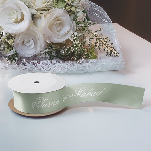 Sage Green Wedding Elegant Script Calligraphy Satijnen Lint