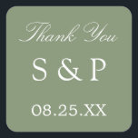 Sage Green Wedding Favor Bedankt Sticker<br><div class="desc">Sage Green Wedding Favor Bedankt Sticker,  personaliseer je alsjeblieft met initialen van het paar en de datum van het huwelijk,  met de online personalisatie sjabloon voordat je bestelt. Het eenvoudige aantrekkelijke ontwerp dat op de sticker is gedrukt,  is elegant wit en heeft een mooie groene kleur.</div>
