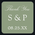 Sage Green Wedding Favor Bedankt Sticker<br><div class="desc">Sage Green Wedding Favor Bedankt Sticker,  personaliseer je alsjeblieft met initialen van het paar en de datum van het huwelijk,  met de online personalisatie sjabloon voordat je bestelt. Het eenvoudige aantrekkelijke ontwerp dat op de sticker is gedrukt,  is elegant wit en heeft een mooie groene kleur.</div>