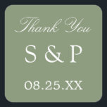 Sage Green Wedding Favor Bedankt Sticker<br><div class="desc">Sage Green Wedding Favor Bedankt Sticker,  personaliseer je alsjeblieft met initialen van het paar en de datum van het huwelijk,  met de online personalisatie sjabloon voordat je bestelt. Het eenvoudige aantrekkelijke ontwerp dat op de sticker is gedrukt,  is elegant wit en heeft een mooie groene kleur.</div>