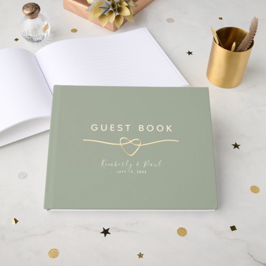 Sage Green Wedding Gastboek met Gouden Hart Gastenboek (Voorkant open)
