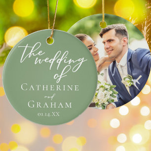 Sage Green Wedding Gepersonaliseerde Kerstfoto Keramisch Ornament