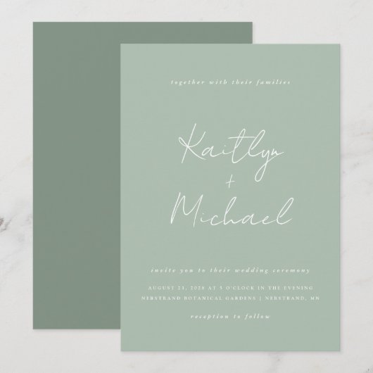 Sage Green Wedding Invitation Modern Handwriting Kaart (Voorkant / Achterkant)