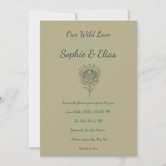 Sage Green Wedding Invitation Protea Botanical Kaart (Voorkant)
