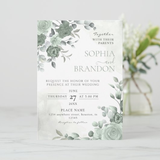 Sage Green Wedding Kaart (Staand voorkant)