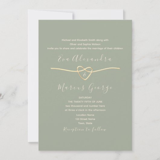 Sage Green Wedding met Gouden Touw Hart Kaart (Voorkant)