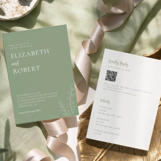 Sage Green Wedding Minimalist Modern QR Code Kaart