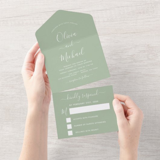 Sage Green Wedding Modern Typografie RSVP All In One Uitnodiging (Afscheurbaar)