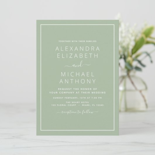 Sage Green Wedding Modern Typography Invitation Kaart (Staand voorkant)