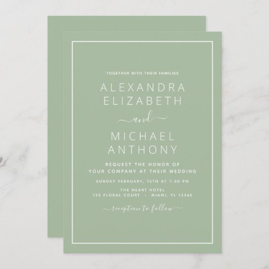 Sage Green Wedding Modern Typography Invitation Kaart (Voorkant / Achterkant)