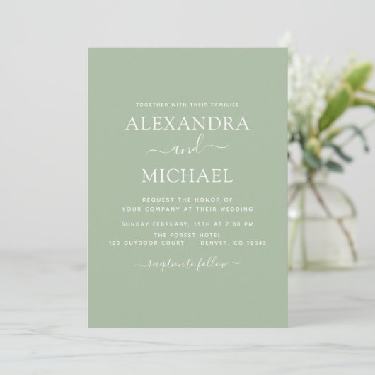 Sage Green Wedding Modern Typography Invitation Kaart (Staand voorkant)